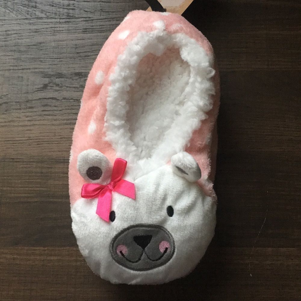 New Pink. Bear Polka Dots Slipper S/M Grip bottom
